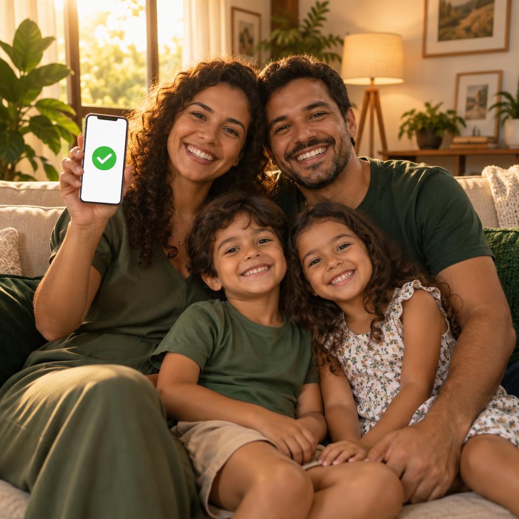Família feliz recebendo a aprovação do empréstimo via Pix no celular